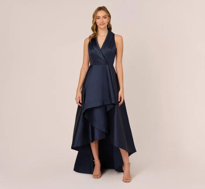 Adrianna Papell Wedding Guest Dresses Mikado HighLow MidiLength Tuxedo Gown In Midnight 8211 Women