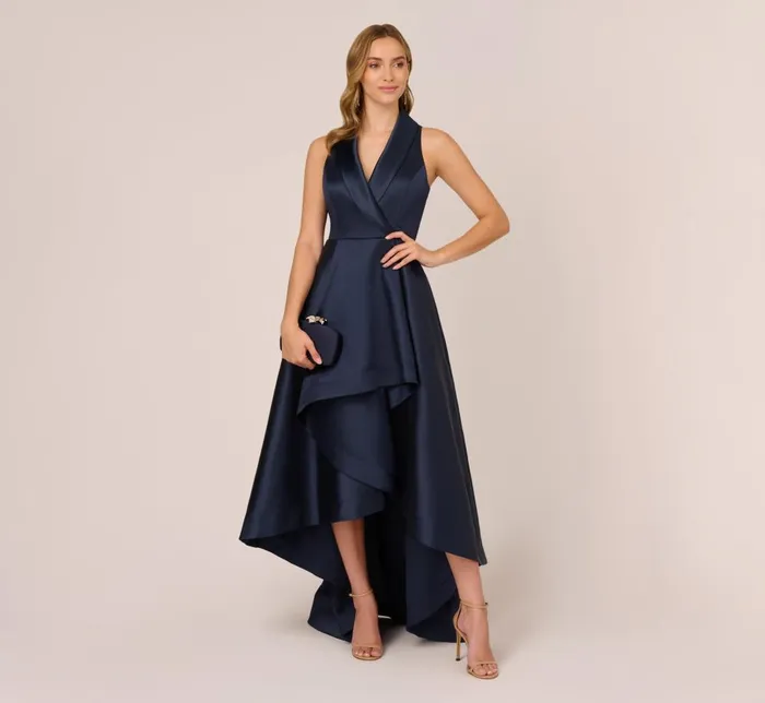 Adrianna Papell Wedding Guest Dresses Mikado HighLow MidiLength Tuxedo Gown In Midnight 8211 Women