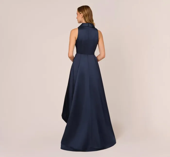 Adrianna Papell Wedding Guest Dresses Mikado HighLow MidiLength Tuxedo Gown In Midnight 8211 Women