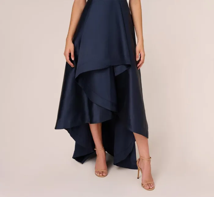 Adrianna Papell Wedding Guest Dresses Mikado HighLow MidiLength Tuxedo Gown In Midnight 8211 Women
