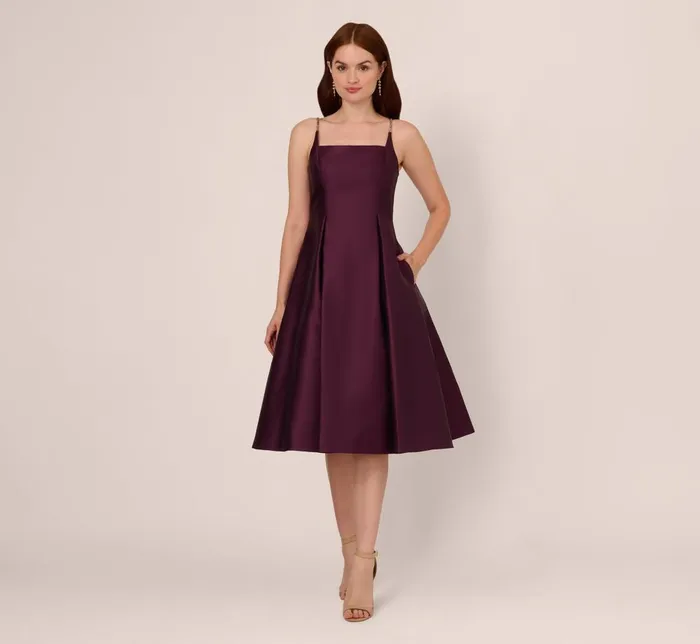 Adrianna Papell Wedding Guest Dresses Mikado Midi Dress With Beaded Spaghetti Straps In Pinot Noir 8211 Women
