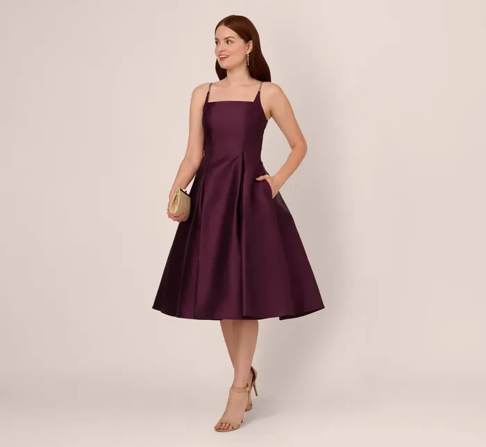 Adrianna Papell Wedding Guest Dresses Mikado Midi Dress With Beaded Spaghetti Straps In Pinot Noir 8211 Women