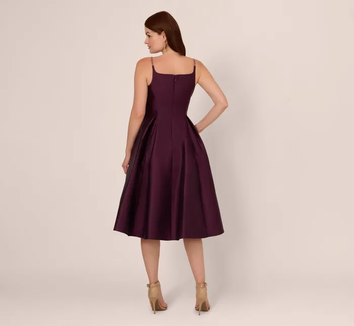 Adrianna Papell Wedding Guest Dresses Mikado Midi Dress With Beaded Spaghetti Straps In Pinot Noir 8211 Women