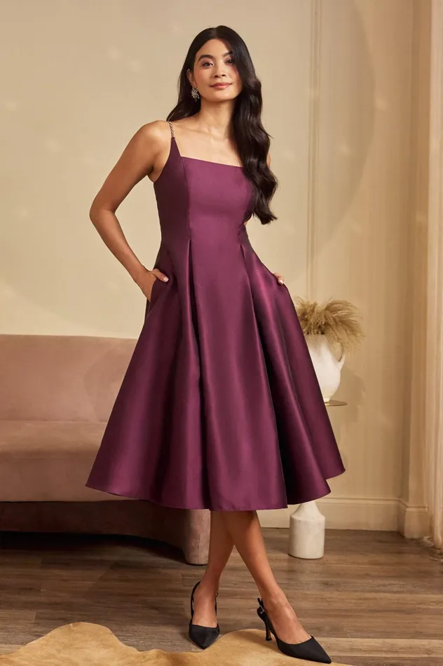 Adrianna Papell Wedding Guest Dresses Mikado Midi Dress With Beaded Spaghetti Straps In Pinot Noir 8211 Women