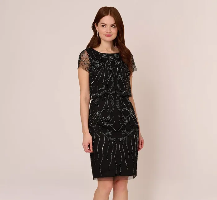 Adrianna Papell Wedding Guest Dresses Short Sleeve Beaded Cocktail Dress With Popover In Black Gunmetal 8211 Women