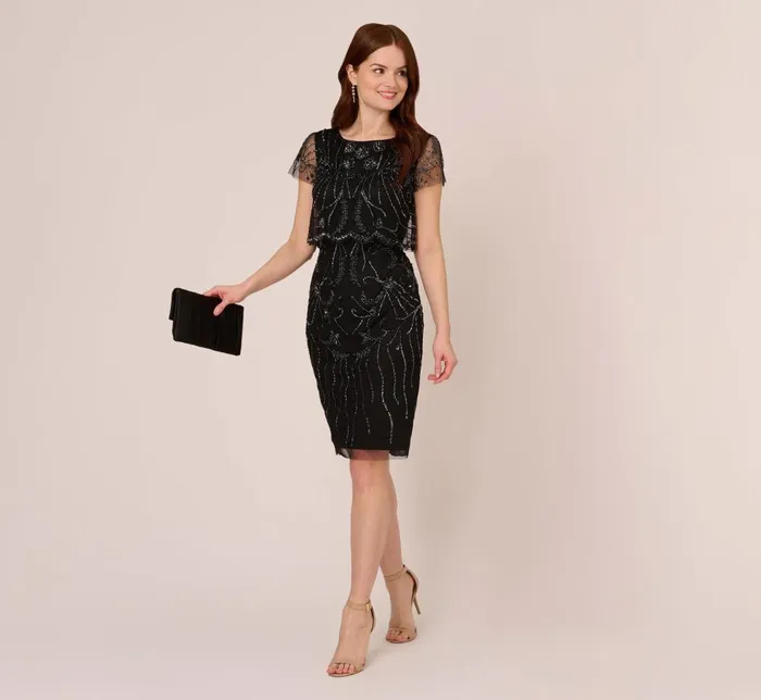 Adrianna Papell Wedding Guest Dresses Short Sleeve Beaded Cocktail Dress With Popover In Black Gunmetal 8211 Women