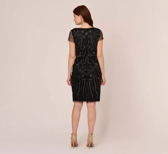 Adrianna Papell Wedding Guest Dresses Short Sleeve Beaded Cocktail Dress With Popover In Black Gunmetal 8211 Women