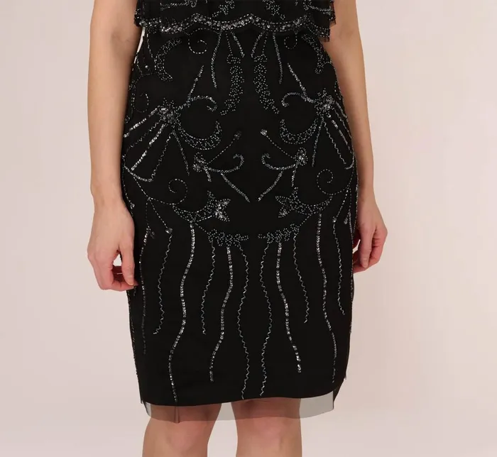 Adrianna Papell Wedding Guest Dresses Short Sleeve Beaded Cocktail Dress With Popover In Black Gunmetal 8211 Women
