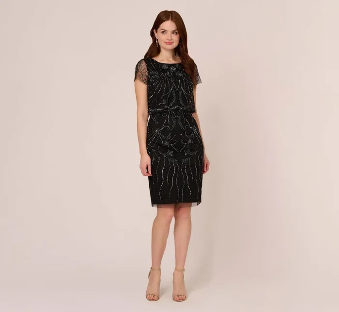 Adrianna Papell Wedding Guest Dresses Short Sleeve Beaded Cocktail Dress With Popover In Black Gunmetal 8211 Women