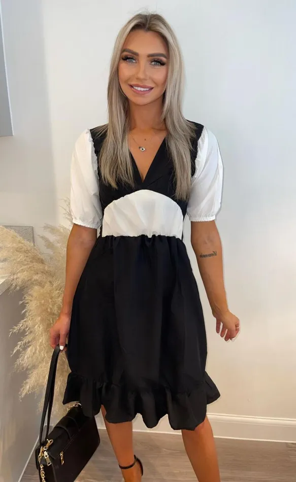 Aliya Black and White Colour Block Short Sleeve Shift Dress Women Missfiga Skater Dresses