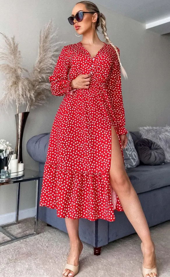 Aurora Red Patterned Side Slit Maxi Dress Women Missfiga Maxi Dresses