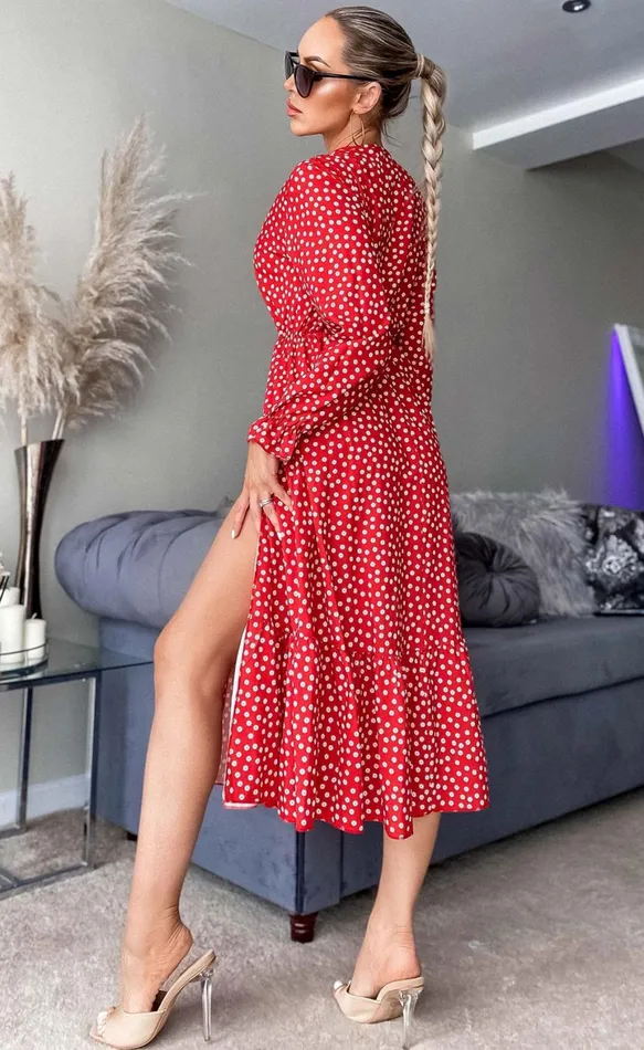 Aurora Red Patterned Side Slit Maxi Dress Women Missfiga Maxi Dresses