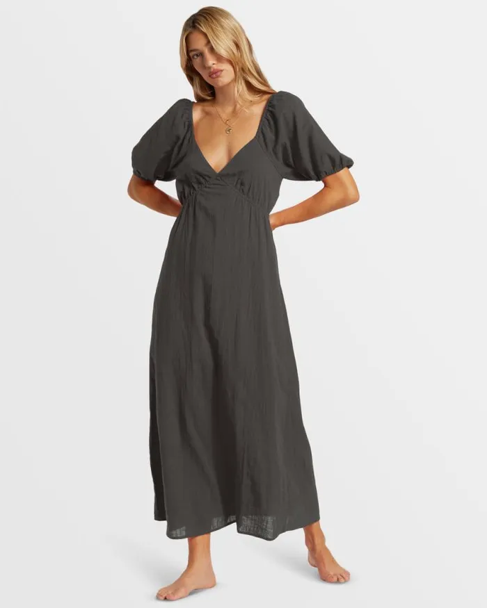 Billabong Dresses Love Fade Puff Sleeve Maxi Dress Black Sands 8211 Women