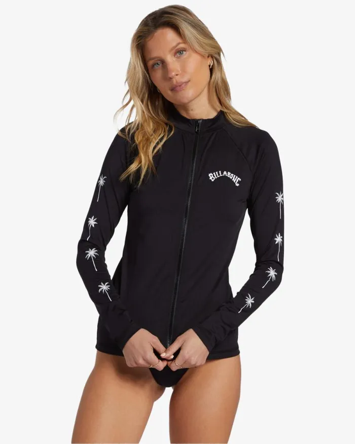 Billabong Rashguards and Bodysuits Core Long Sleeve Zip Front Surf Tee Black 8211 Women