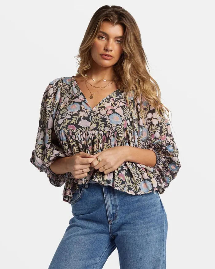 Billabong Tops Adore You Blouson Sleeve Shirt Black Sands 8211 Women