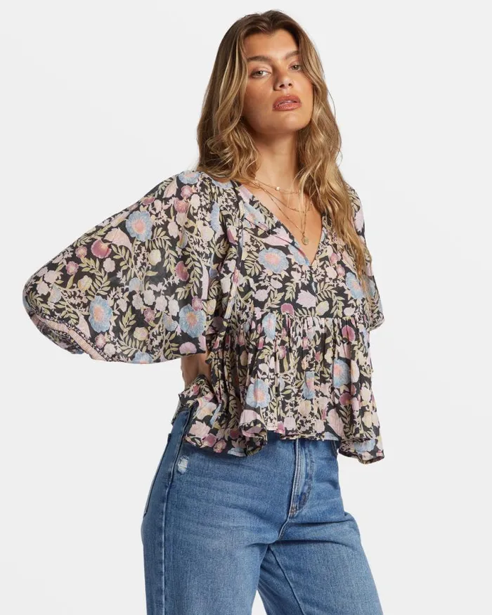 Billabong Tops Adore You Blouson Sleeve Shirt Black Sands 8211 Women