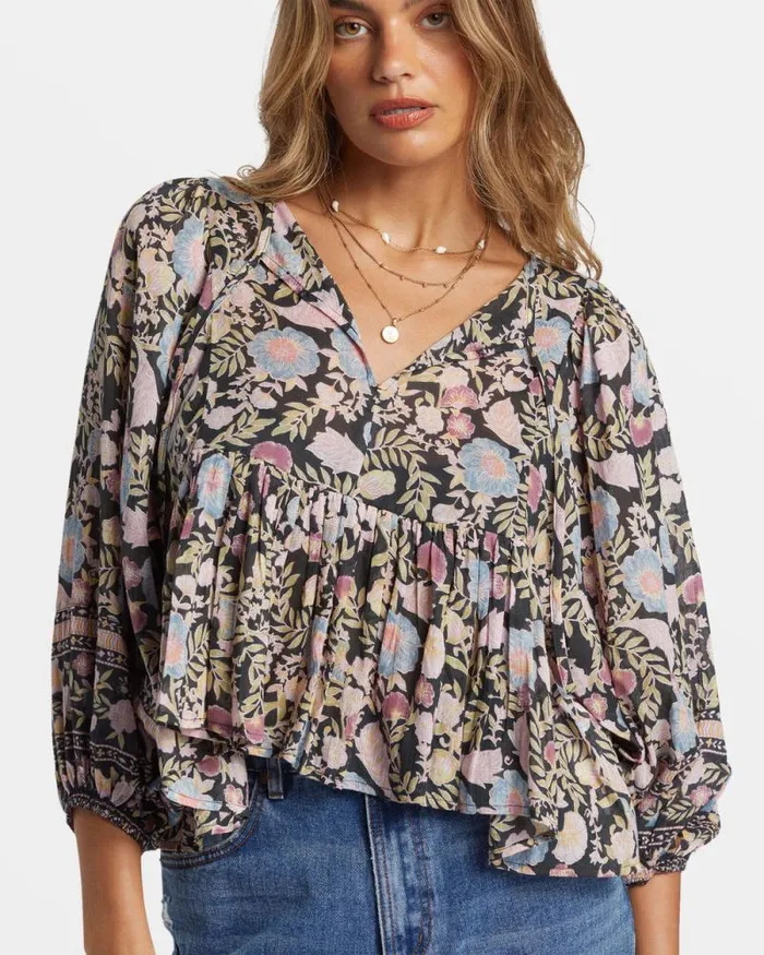 Billabong Tops Adore You Blouson Sleeve Shirt Black Sands 8211 Women
