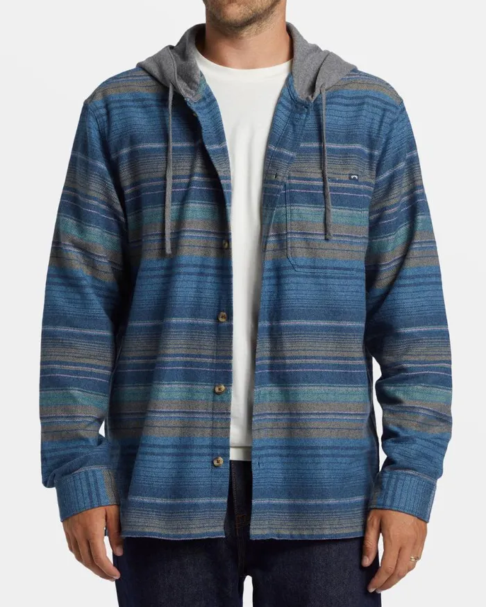 Billabong Wave Washed Essentials Baja Hooded Long Sleeve Flannel Shirt Dusty Navy 8211 Men