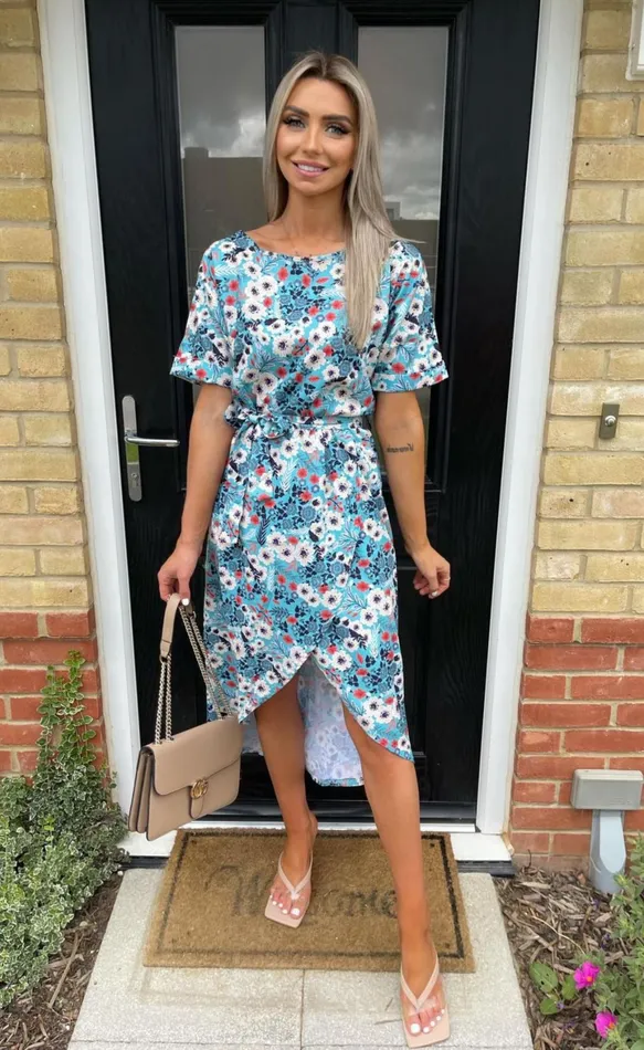 Blue Floral Madison Print Short Sleeve Wrap Day Dress Women Missfiga Wrap Dresses