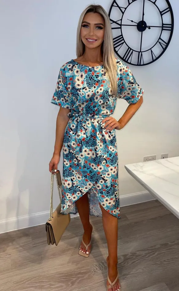 Blue Floral Madison Print Short Sleeve Wrap Day Dress Women Missfiga Wrap Dresses