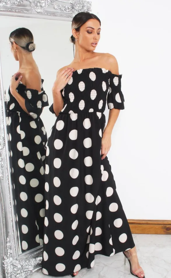 Cameron Black Shirred Polka Dot Maxi Dress Women Missfiga Maxi Dresses