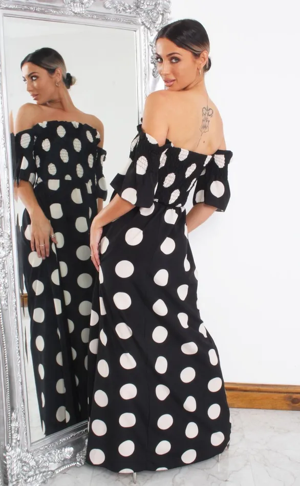 Cameron Black Shirred Polka Dot Maxi Dress Women Missfiga Maxi Dresses
