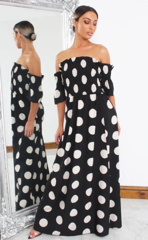 Cameron Black Shirred Polka Dot Maxi Dress Women Missfiga Maxi Dresses