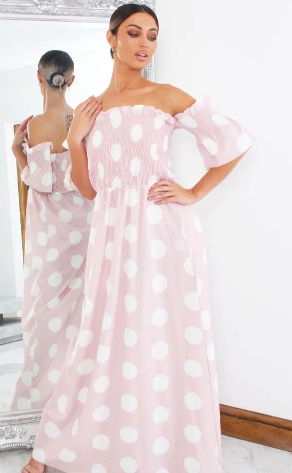 Cameron Pink Shirred Polka Dot Maxi Dress Women Missfiga Maxi Dresses