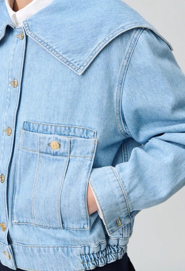 Claudie Pierlot Denim Jacket With Wide Collar Denim Mid Blue Women Jackets Claudie Pierlot Denim Jacket With Wide Collar Denim Mid Blue Women Jackets