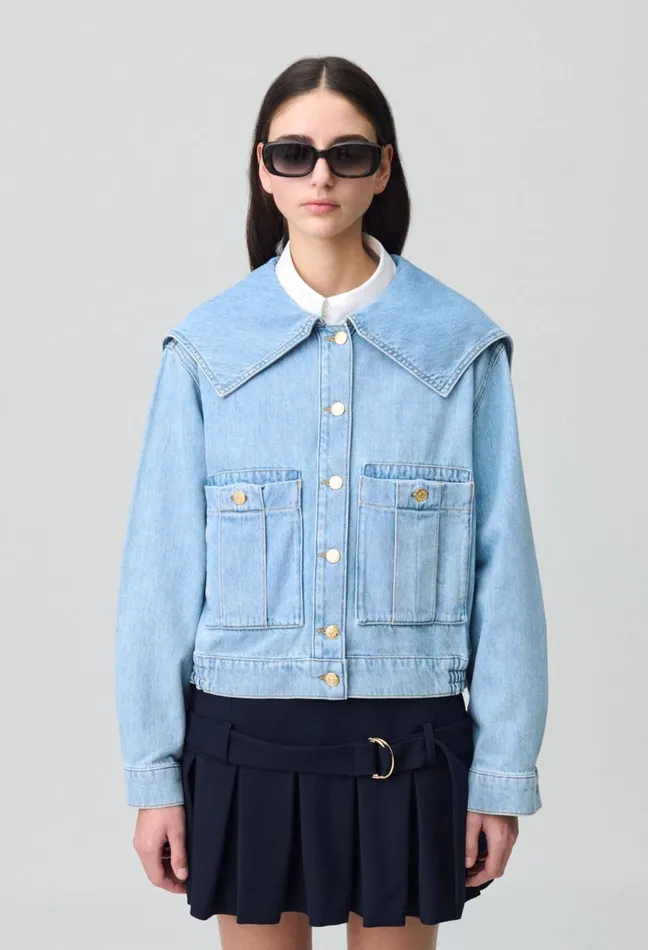 Claudie Pierlot Denim Jacket With Wide Collar Denim Mid Blue Women Jackets Claudie Pierlot Denim Jacket With Wide Collar Denim Mid Blue Women Jackets