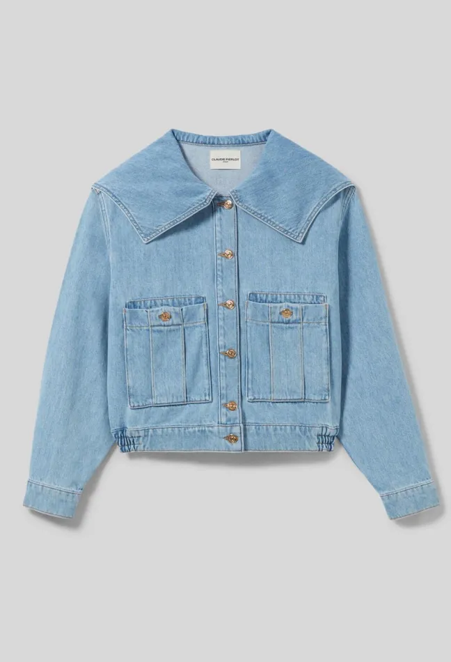 Claudie Pierlot Denim Jacket With Wide Collar Denim Mid Blue Women Jackets Claudie Pierlot Denim Jacket With Wide Collar Denim Mid Blue Women Jackets