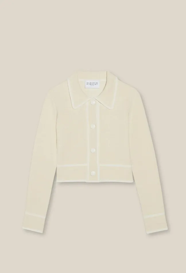 Claudie Pierlot Mottled Cardigan With Piping Ivory Women Knitwear And Cardigans Claudie Pierlot Mottled Cardigan With Piping Ivory Women Knitwear And Cardigans