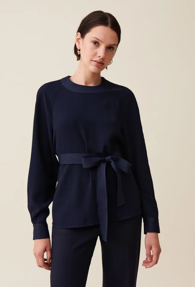 Claudie Pierlot Navy Belted Flowy Blouse Women Tops And Shirts