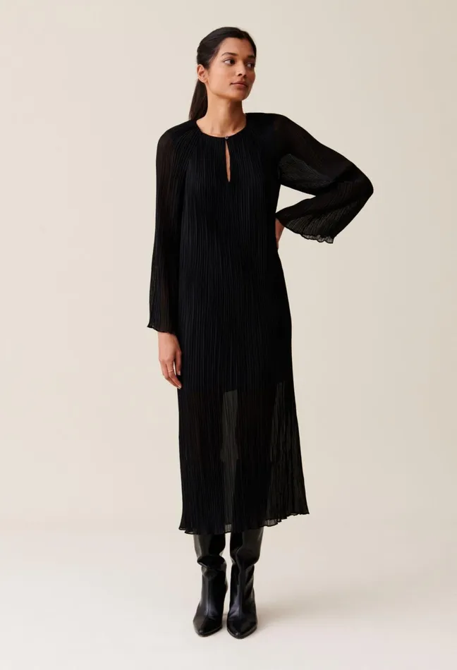 Claudie Pierlot Sheer Pleated Maxi Dress Black Women Dresses