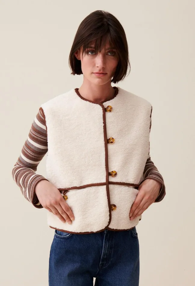 Claudie Pierlot Sleeveless Faux Fur Jacket Beige Women Coats