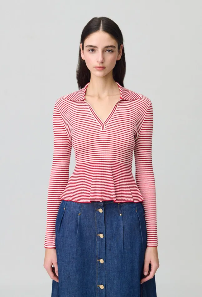Claudie Pierlot Striped Frilled Fine Knit Top Red Women Knitwear And Cardigans Claudie Pierlot Striped Frilled Fine Knit Top Red Women Knitwear And Cardigans