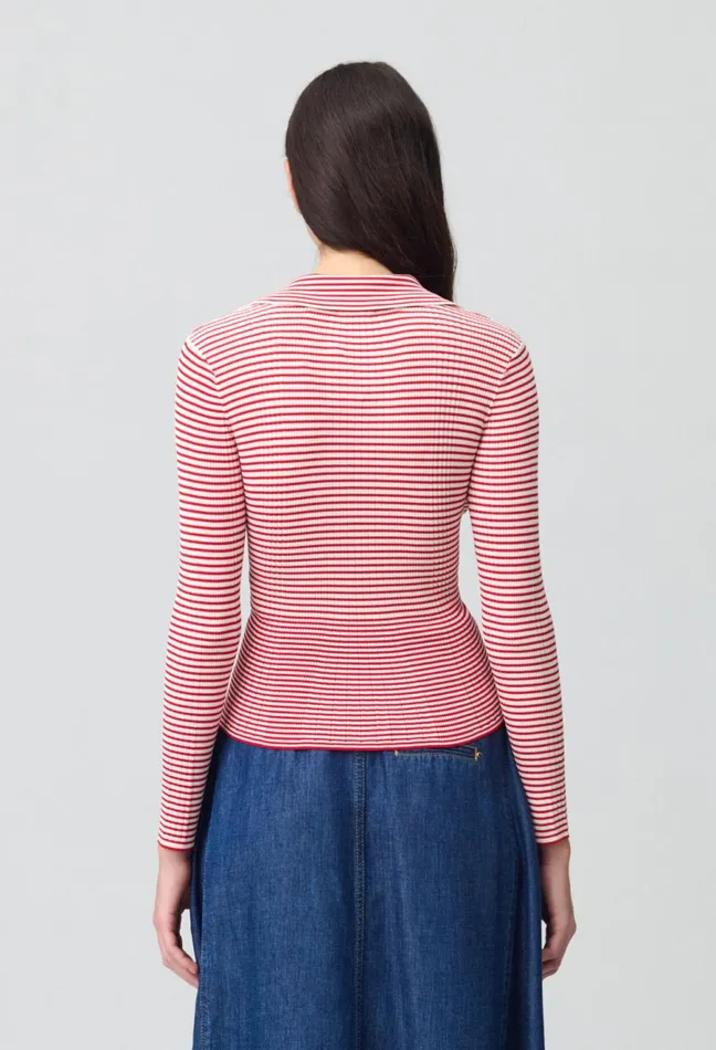 Claudie Pierlot Striped Frilled Fine Knit Top Red Women Knitwear And Cardigans Claudie Pierlot Striped Frilled Fine Knit Top Red Women Knitwear And Cardigans