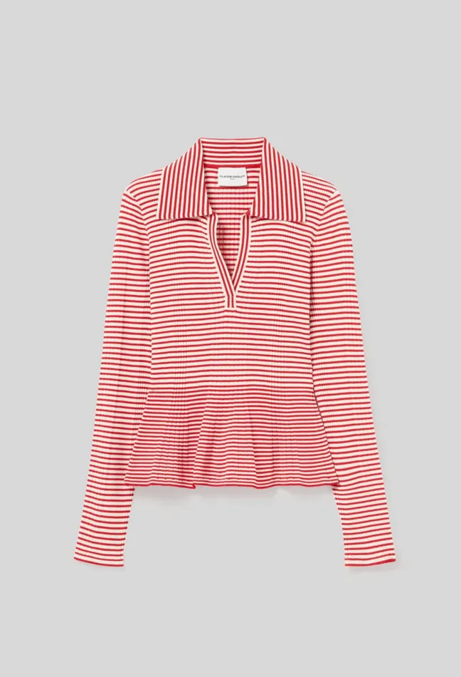 Claudie Pierlot Striped Frilled Fine Knit Top Red Women Knitwear And Cardigans Claudie Pierlot Striped Frilled Fine Knit Top Red Women Knitwear And Cardigans