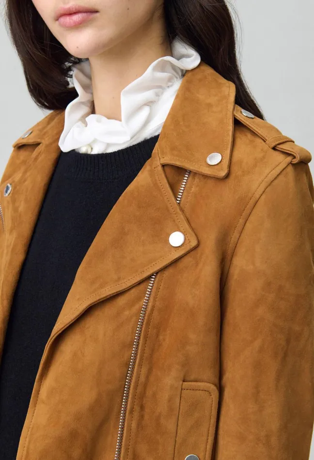 Claudie Pierlot Suede Leather Biker Jacket Camel Women Jackets Claudie Pierlot Suede Leather Biker Jacket Camel Women Jackets