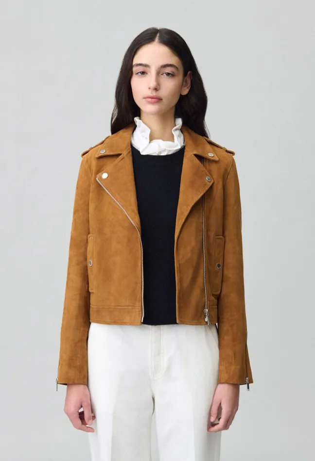 Claudie Pierlot Suede Leather Biker Jacket Camel Women Jackets Claudie Pierlot Suede Leather Biker Jacket Camel Women Jackets