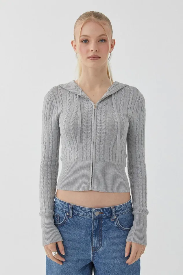 Clothing Supr Knitwear Starlette Zip Through Cable Knit Grey Marle