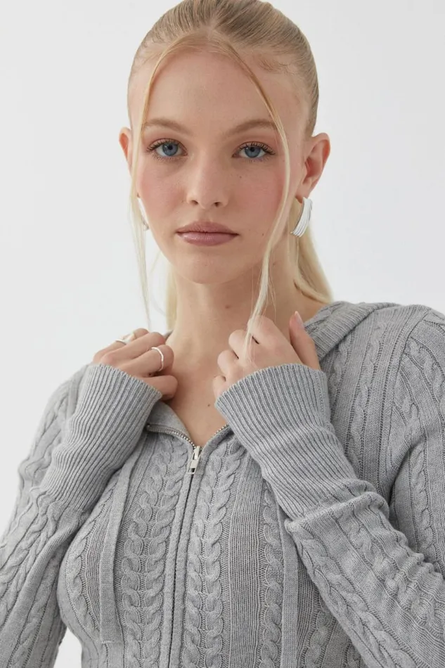 Clothing Supr Knitwear Starlette Zip Through Cable Knit Grey Marle