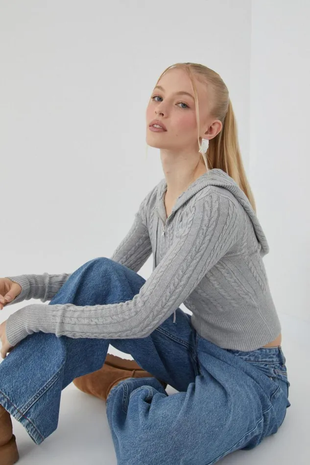 Clothing Supr Knitwear Starlette Zip Through Cable Knit Grey Marle