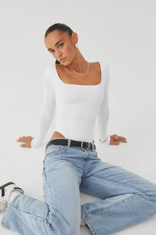 Clothing Supr Luxe Essentials Luxe Square Neck Long Sleeve Bodysuit White