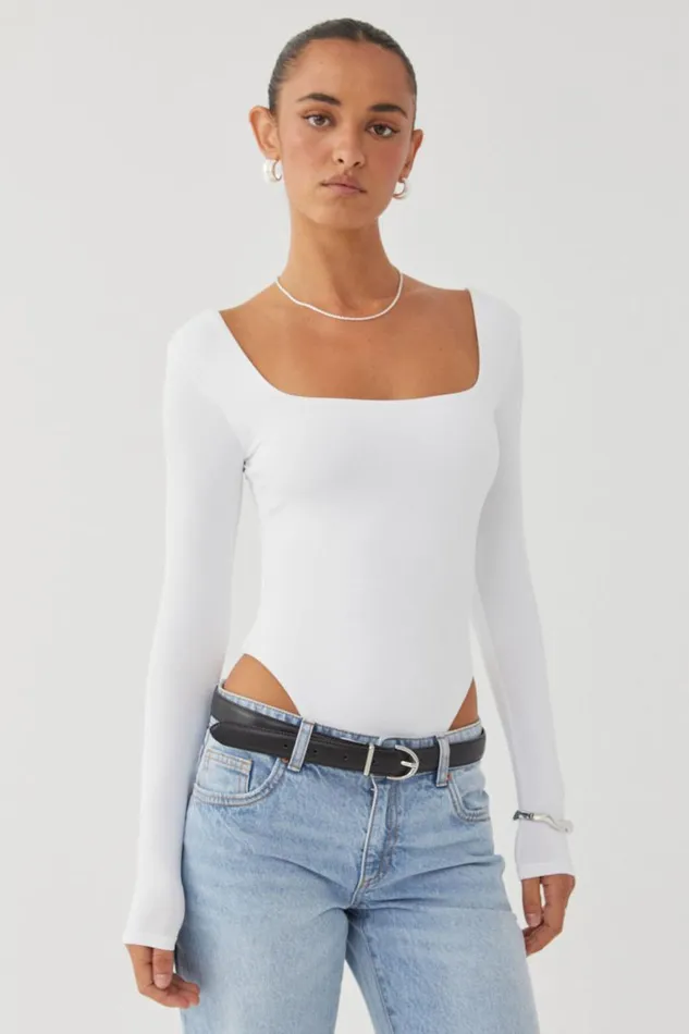 Clothing Supr Luxe Essentials Luxe Square Neck Long Sleeve Bodysuit White
