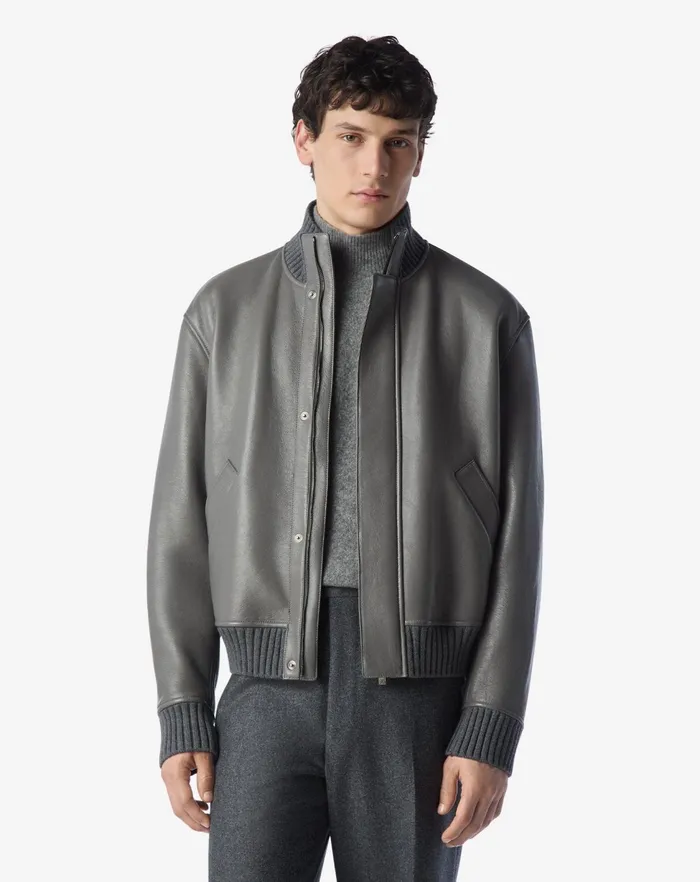 Corneliani Outerwear And Coats Grey Nappa Leather Jacket With Cashmere Inner Lining 8211 Men