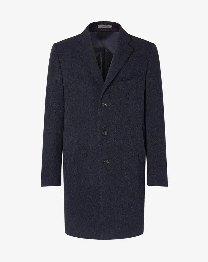 Corneliani Outerwear And Coats Navy Blue Herringbone Wool And Cashmere Coat 8211 Men