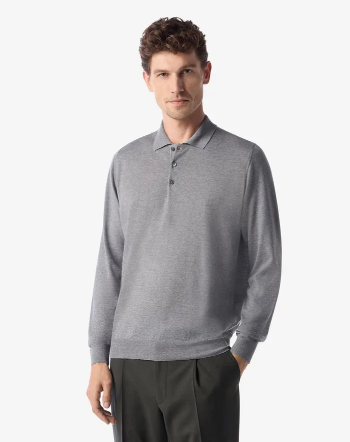 Corneliani Polos and TShirts Light Melange Grey Extra Fine Wool Buttonup Polo Shirt For Men 8211 Men