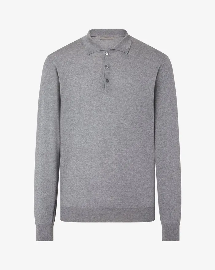 Corneliani Polos and TShirts Light Melange Grey Extra Fine Wool Buttonup Polo Shirt For Men 8211 Men