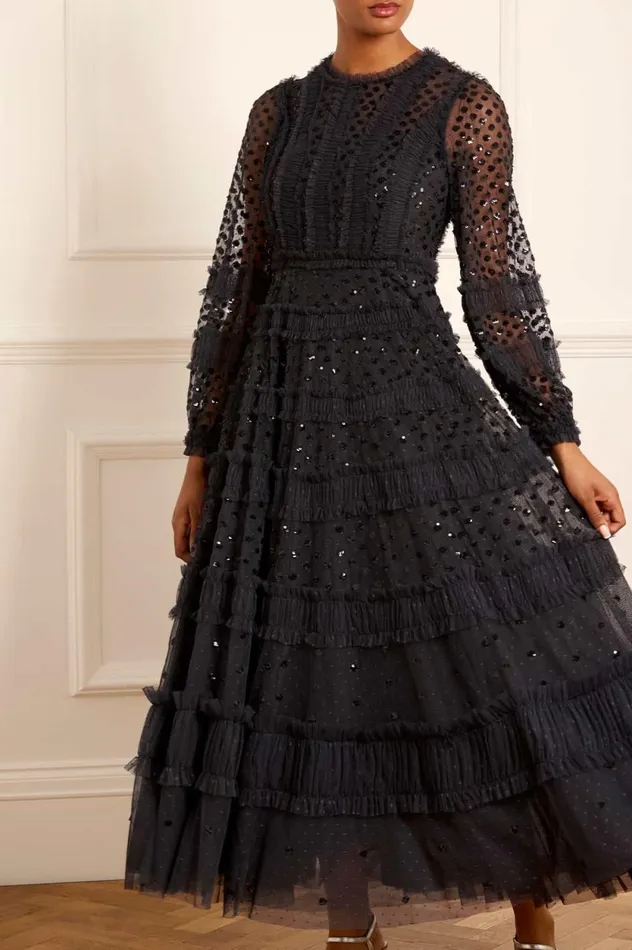 Dot Shimmer Ankle Gown Black Women Needle and Thread Dresses